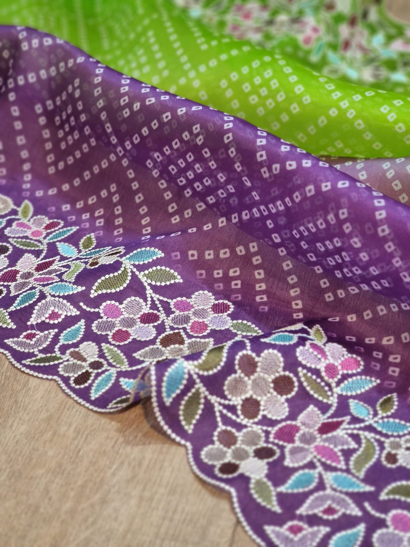 Purple Green Organza Saree Embroidery Pearl Border with Bandhani Print