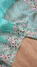 Blue Organza Saree Embroidery Pearl Border with Bandhani Print