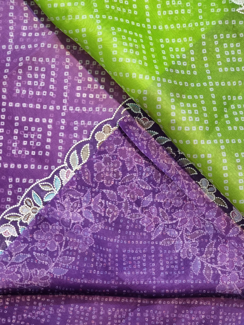 Purple Green Organza Saree Embroidery Pearl Border with Bandhani Print