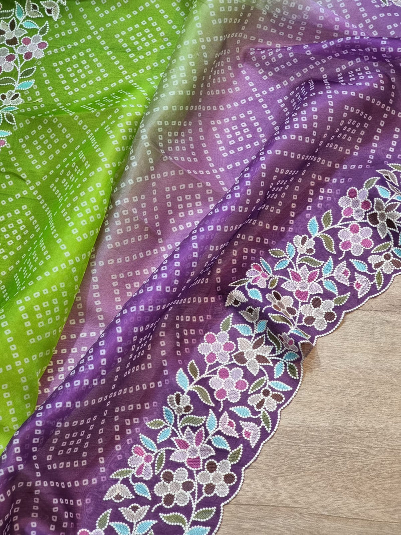 Purple Green Organza Saree Embroidery Pearl Border with Bandhani Print