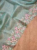 Blue Organza Saree Embroidery Pearl Border with Bandhani Print