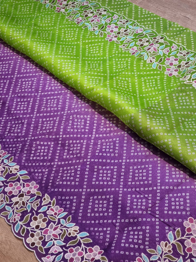 Purple Green Organza Saree Embroidery Pearl Border with Bandhani Print