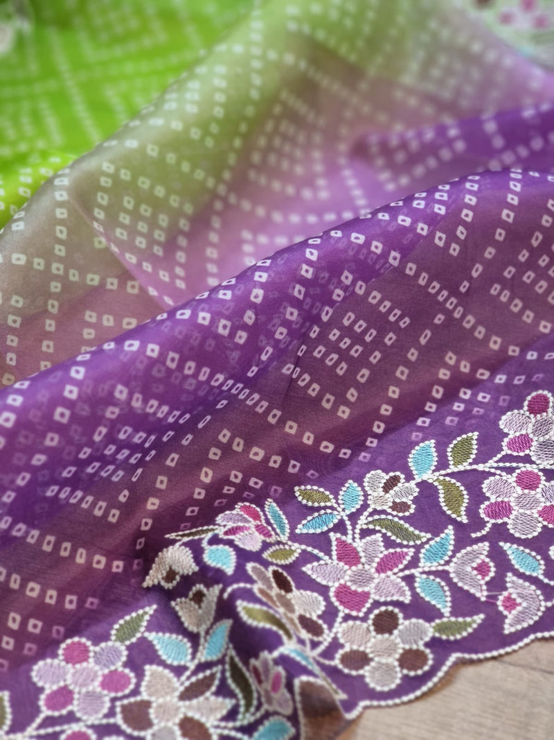 Purple Green Organza Saree Embroidery Pearl Border with Bandhani Print