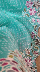 Blue Organza Saree Embroidery Pearl Border with Bandhani Print