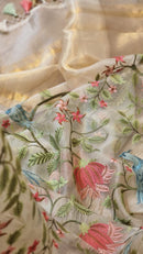 Half White Floral Jungle Embroidery Organza Saree with Banarasi Border