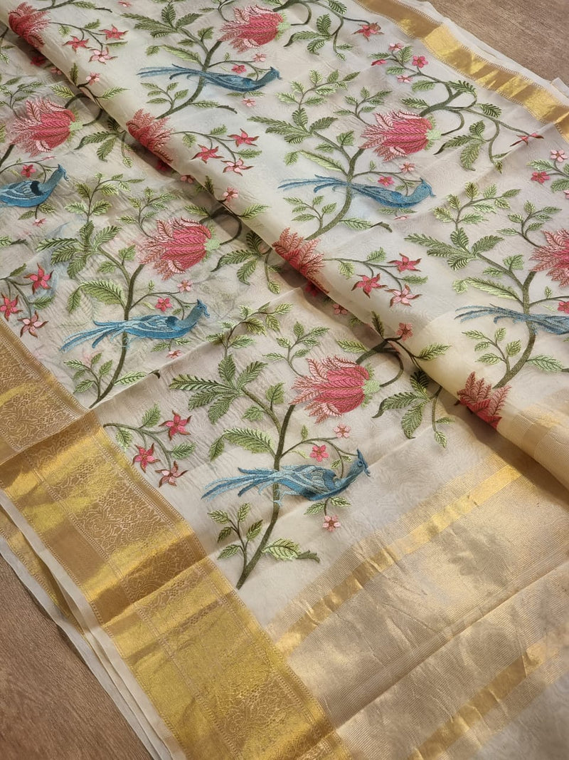 Half White Floral Jungle Embroidery Organza Saree with Banarasi Border