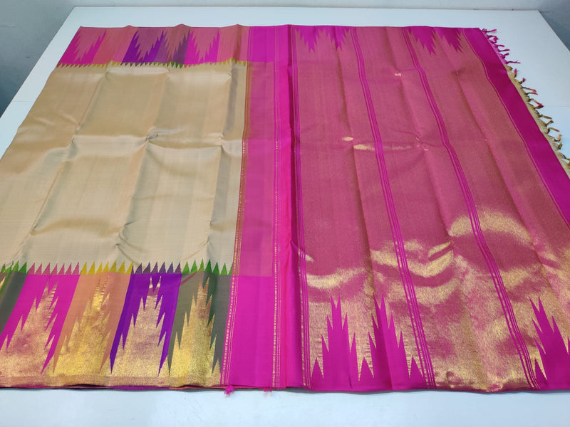 Half White Beige Korvai Temple Border Pure Kanchipuram Silk Saree