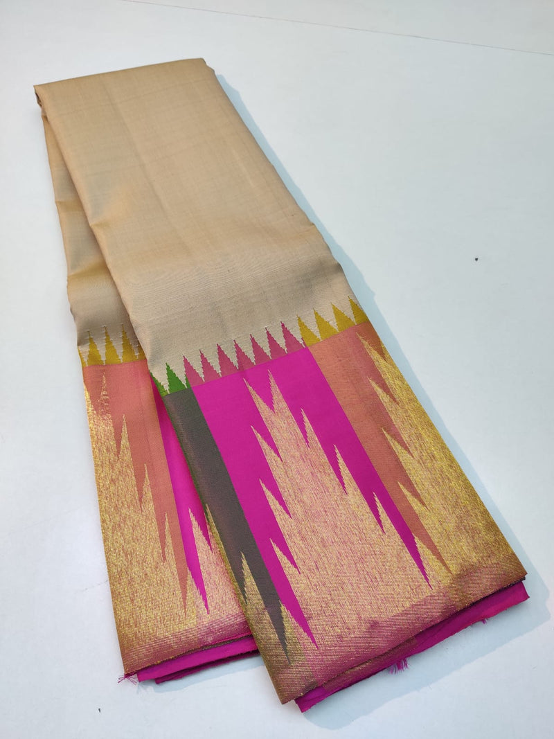 Half White Beige Korvai Temple Border Pure Kanchipuram Silk Saree