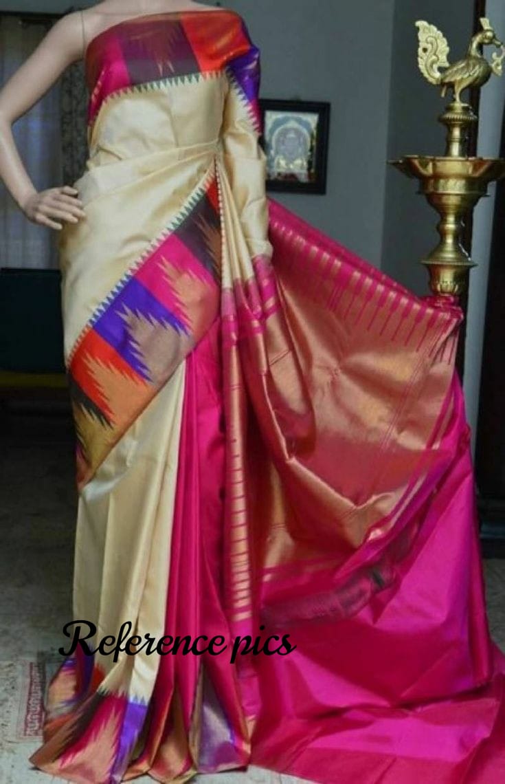 Half White Beige Korvai Temple Border Pure Kanchipuram Silk Saree