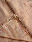 Rose Gold Tissue Silk Stripe Embroidery Cutwork Border Scallop Saree