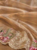 Rose Gold Tissue Silk Stripe Embroidery Cutwork Border Scallop Saree
