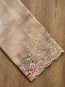 Rose Gold Tissue Silk Stripe Embroidery Cutwork Border Scallop Saree