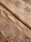 Rose Gold Tissue Silk Stripe Embroidery Cutwork Border Scallop Saree