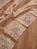 Rose Gold Tissue Silk Stripe Embroidery Cutwork Border Scallop Saree