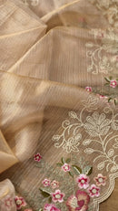 Rose Gold Tissue Silk Stripe Embroidery Cutwork Border Scallop Saree