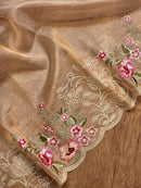 Rose Gold Tissue Silk Stripe Embroidery Cutwork Border Scallop Saree