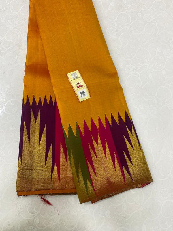Mustard Yellow Traditional Korvai Multicolor Temple Border Handloom Kanchipuram Silk Saree