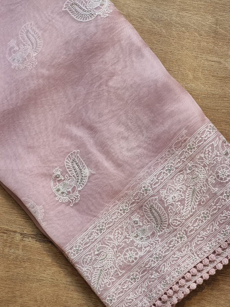 Baby Pink Organza Saree with Peacock Chikankari Embroidery Work