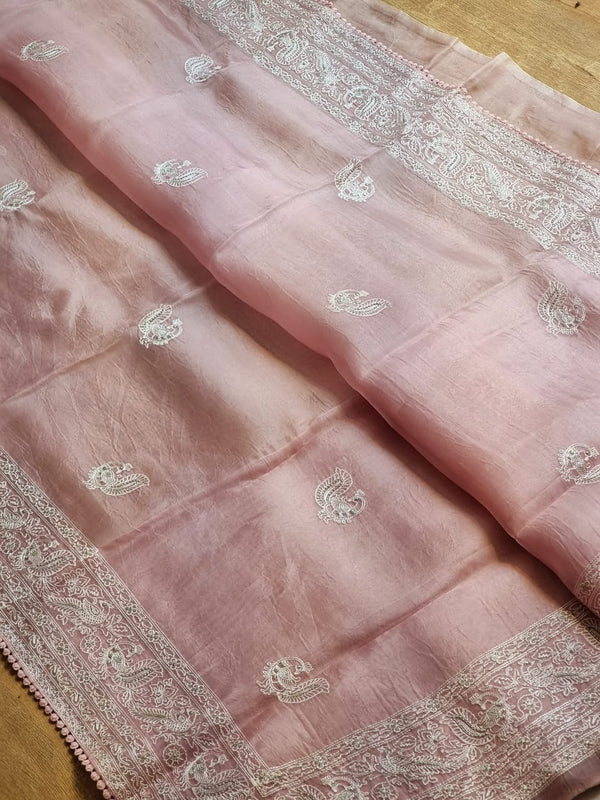 Baby Pink Organza Saree with Peacock Chikankari Embroidery Work