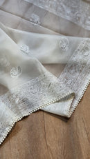 Half White Organza Saree with Peacock Chikankari Embroidery Work