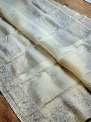 Half White Organza Saree with Peacock Chikankari Embroidery Work