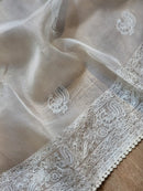 Grey Organza Saree with Peacock Chikankari Embroidery Work