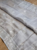 Grey Organza Saree with Peacock Chikankari Embroidery Work