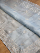 Pastel Blue Organza Saree with Peacock Chikankari Embroidery Work