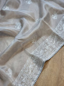 Grey Organza Saree with Peacock Chikankari Embroidery Work