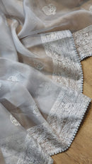 Grey Organza Saree with Peacock Chikankari Embroidery Work