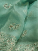 Blue Organza Saree with Peacock Chikankari Embroidery Work