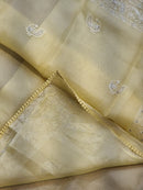Yellow Organza Saree with Peacock Chikankari Embroidery Work