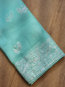 Blue Organza Saree with Peacock Chikankari Embroidery Work