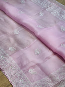 Pink Organza Saree with Peacock Chikankari Embroidery Work