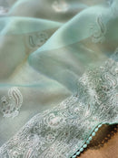 Blue Organza Saree with Peacock Chikankari Embroidery Work