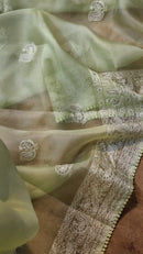 Pastel Green Organza Saree with Peacock Chikankari Embroidery Work