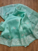 Blue Organza Saree with Peacock Chikankari Embroidery Work