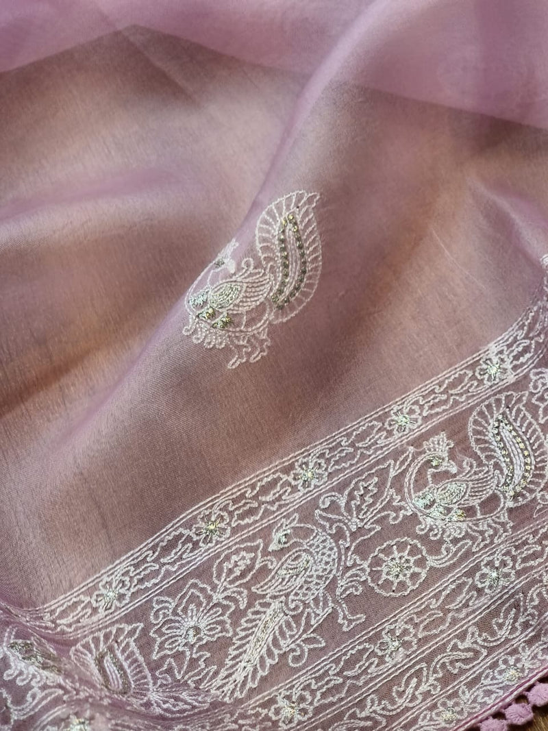 Baby Pink Organza Saree with Peacock Chikankari Embroidery Work