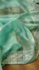 Blue Organza Saree with Peacock Chikankari Embroidery Work