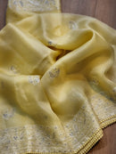 Yellow Organza Saree with Peacock Chikankari Embroidery Work