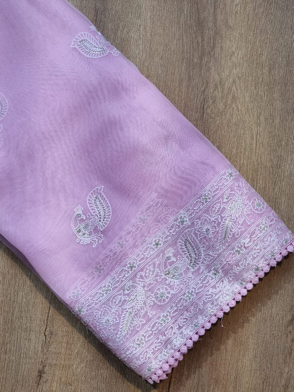 Pink Organza Saree with Peacock Chikankari Embroidery Work