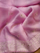 Pink Organza Saree with Peacock Chikankari Embroidery Work