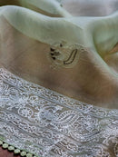 Pastel Green Organza Saree with Peacock Chikankari Embroidery Work