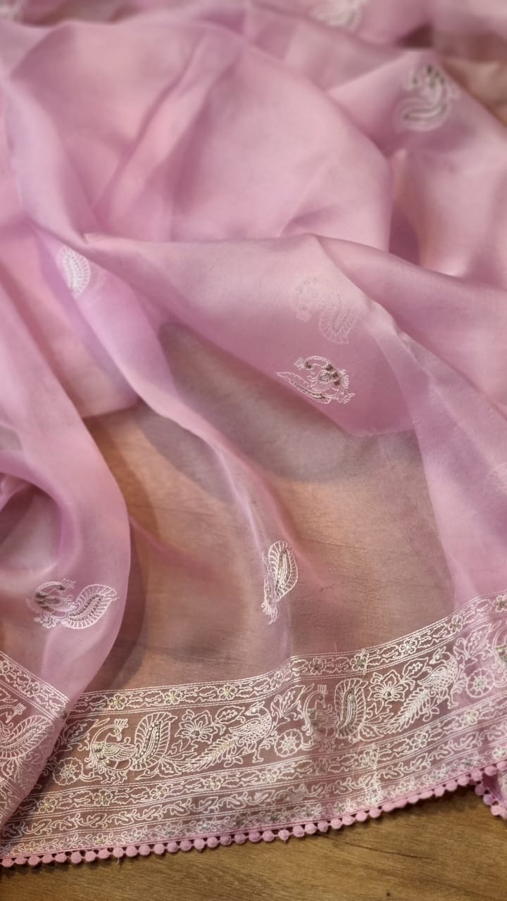 Baby Pink Organza Saree with Peacock Chikankari Embroidery Work