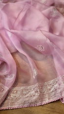 Pink Organza Saree with Peacock Chikankari Embroidery Work