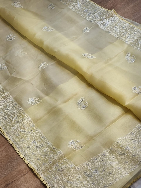 Yellow Organza Saree with Peacock Chikankari Embroidery Work