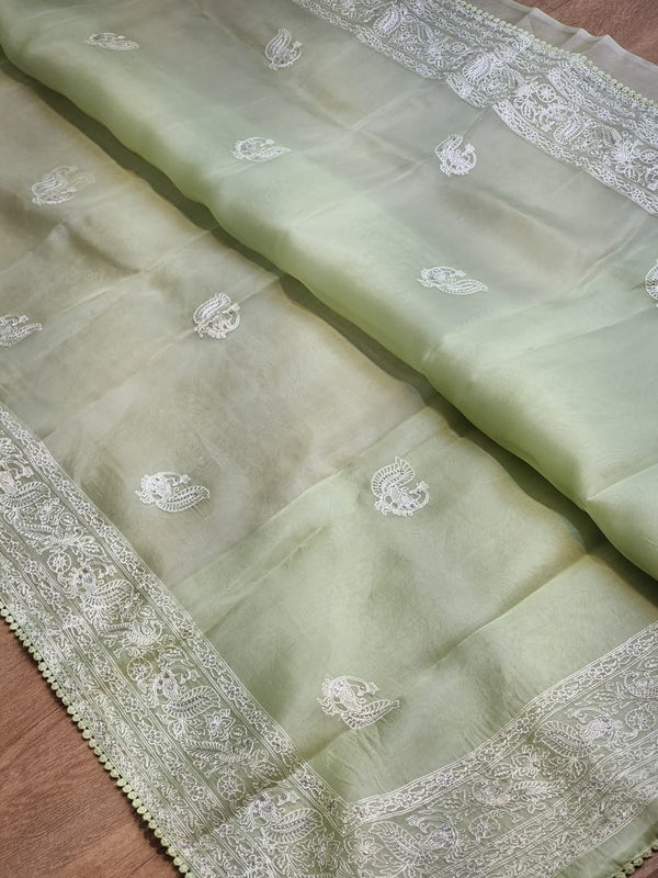 Pastel Green Organza Saree with Peacock Chikankari Embroidery Work