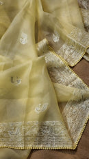 Yellow Organza Saree with Peacock Chikankari Embroidery Work