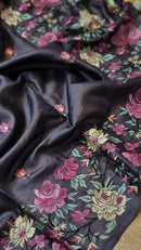 Black Tussar Silk Embroidery Work Saree