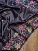 Black Tussar Silk Embroidery Work Saree